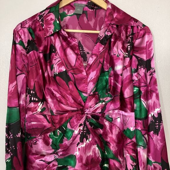 Ann Taylor Fuchsia Pink Floral Printed Blouse Silky V Neck Twist Front 14 - Picture 3 of 7